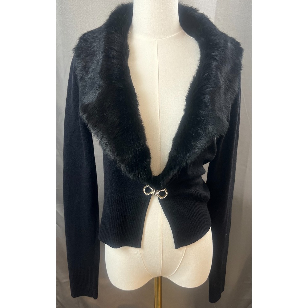Sele Black Faux Fur Collar Cardigan Sweater Y2K Goth Crop Rhinestone Bow Medium